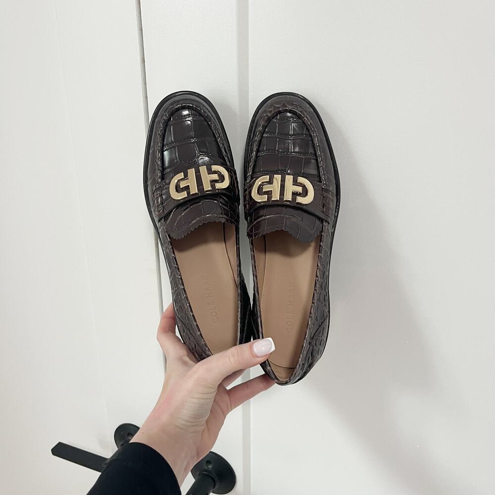 Cole Haan Dark Brown Croc-Embossed Loafers with Gold Logo Accent